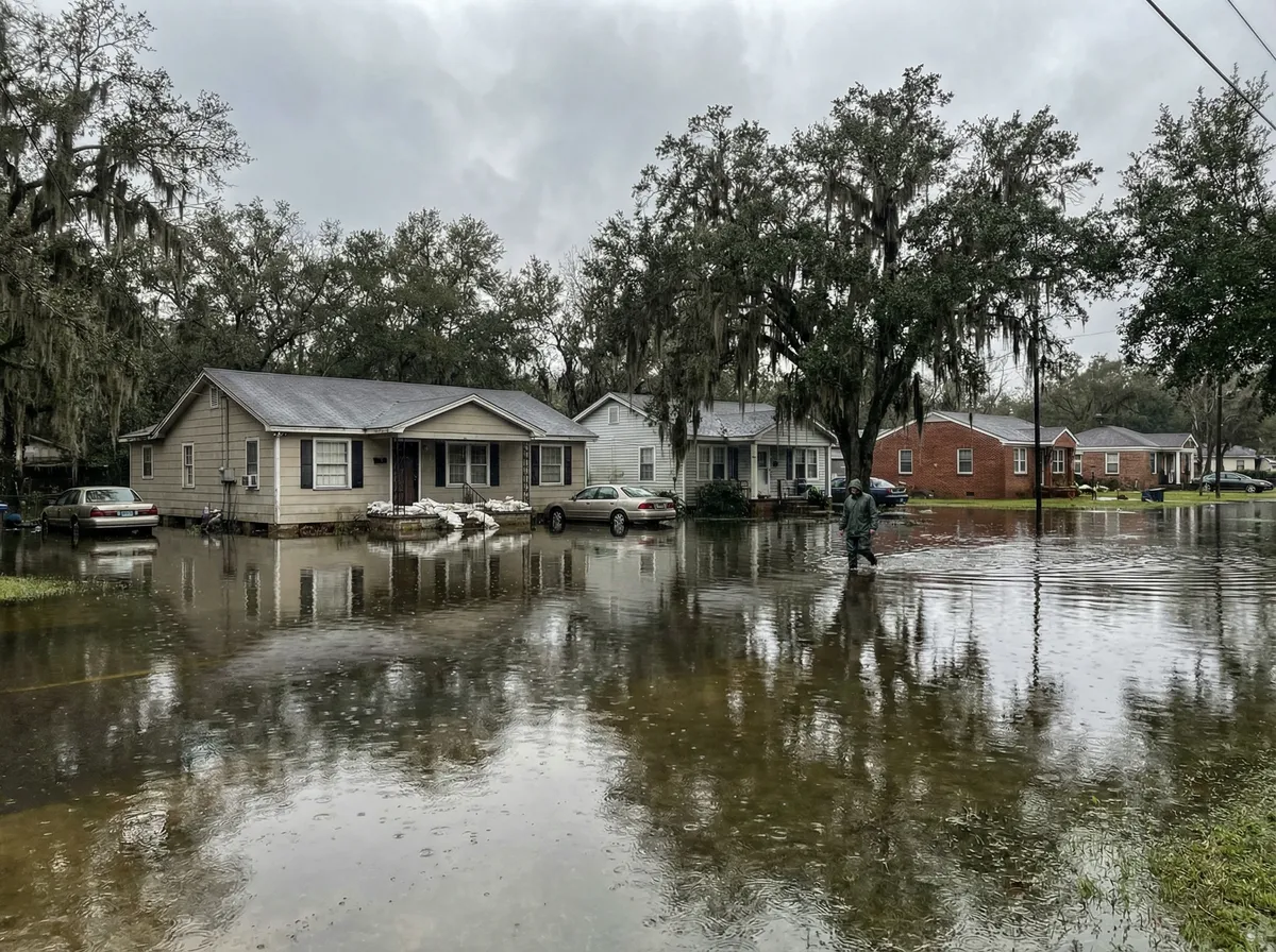 Mobile Bay Alabama waterfront homes with boarded windows, palm trees bending in hurricane winds, boats secured at docks with sandbags and stormy sky