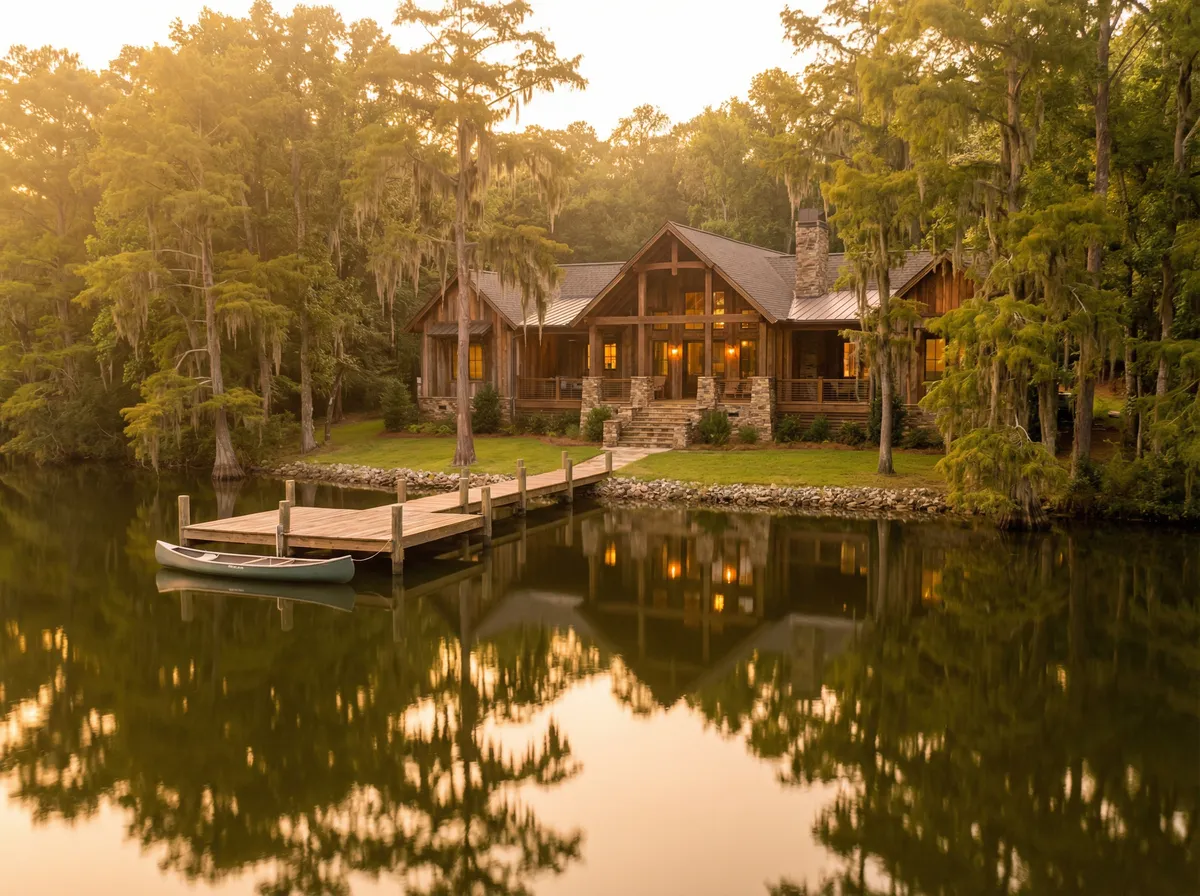 A welcoming lake house with a dock and canoe beside calm water